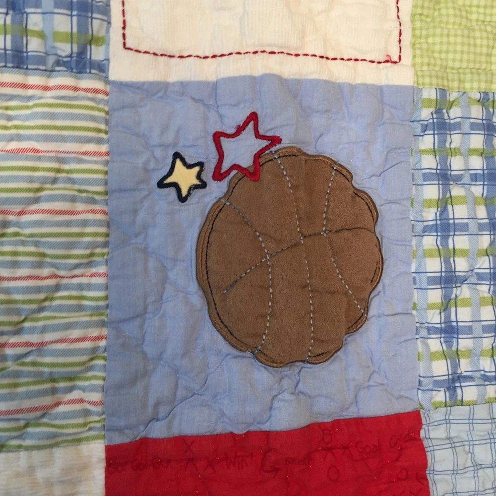 Carters Child of Mine Baby Quilt Blanket Blue Sports Puppy Patchwork Cotton